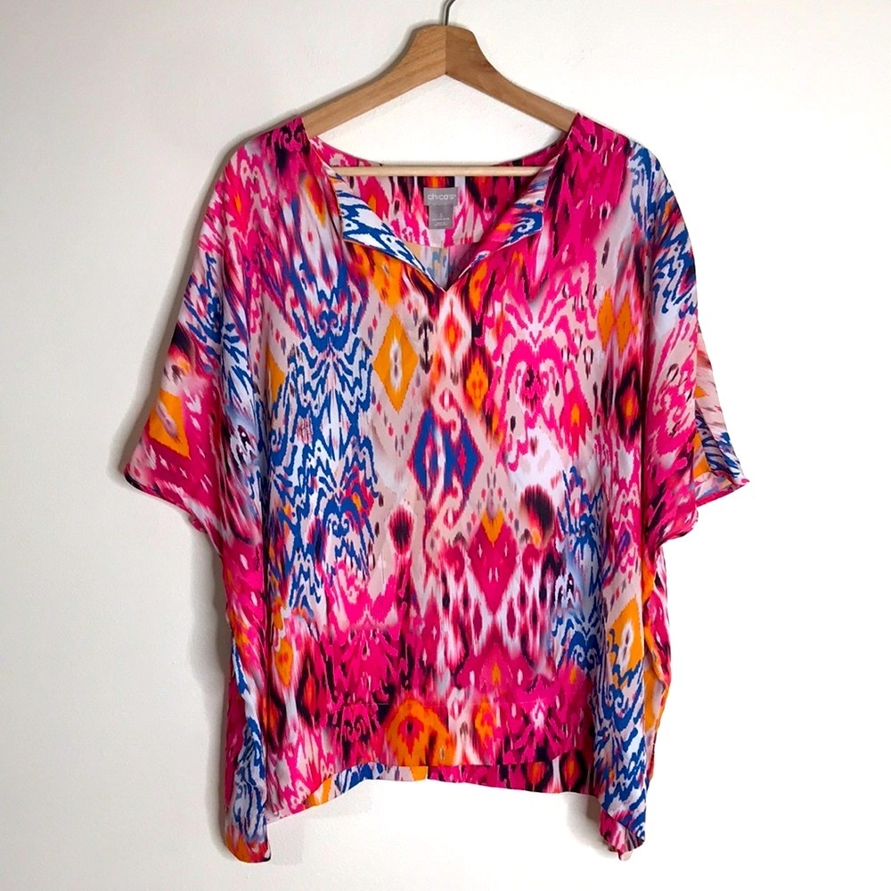 Chicos colorful Ikat-Print Split-Neck Blouse top size 3